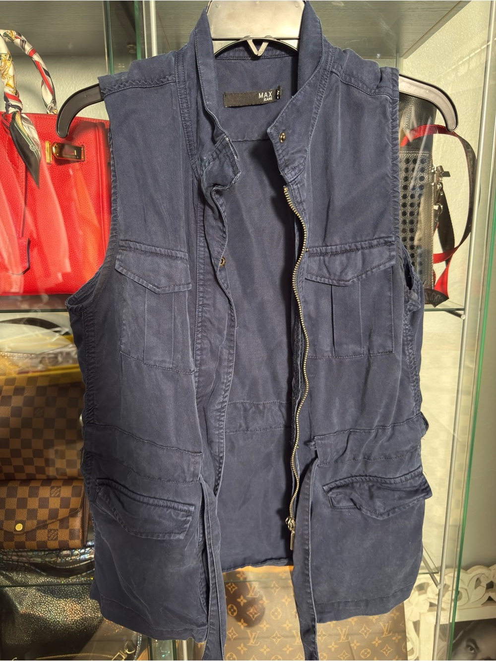 Max Jeans Womens Navy Blue Utility Vest Cargo Pockets Full Zip Drawstring Size S
